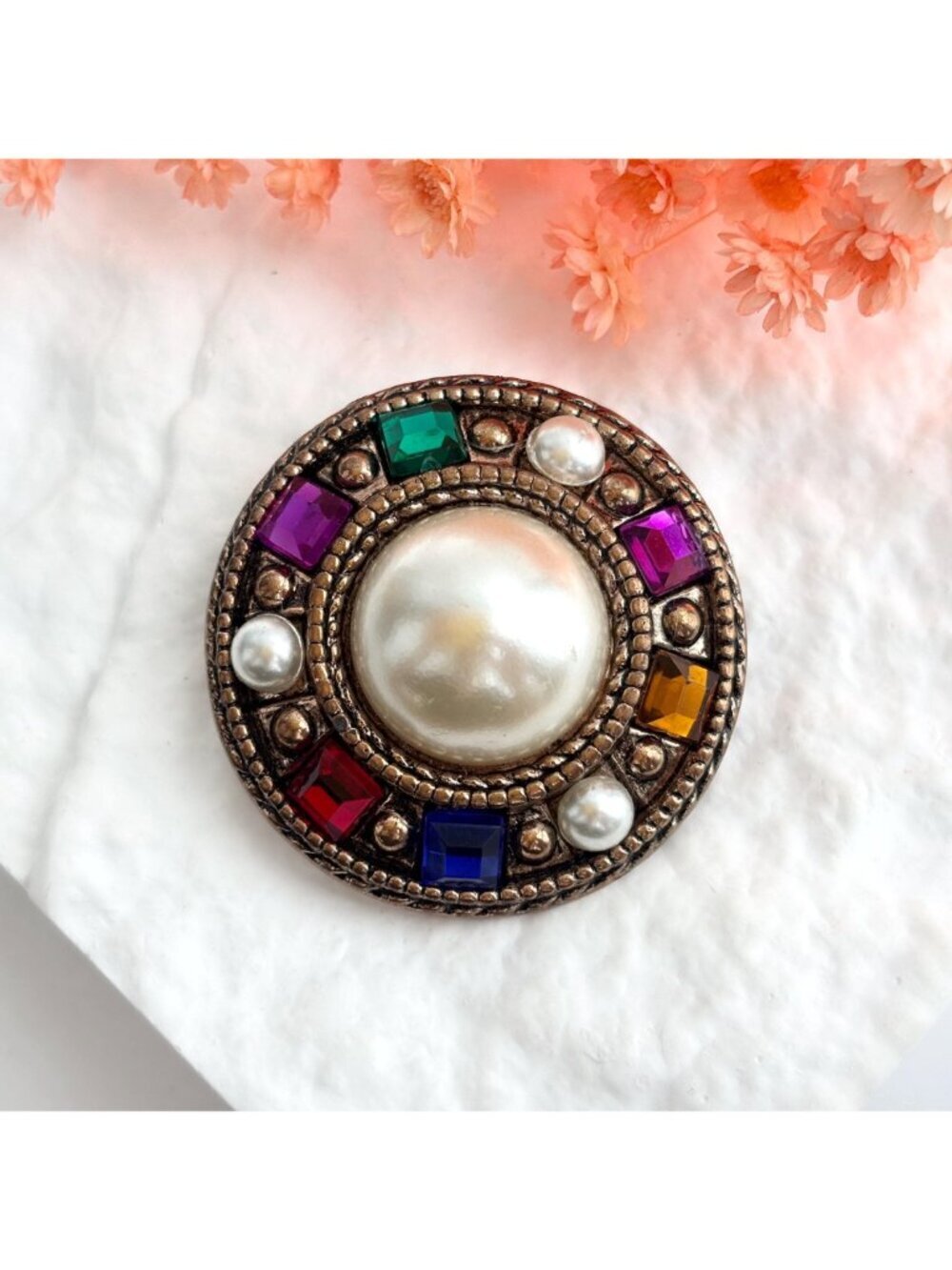 Rainbow Rhinestone Faux Pearl Colorful 80's Vintage Costume Jewelry Brooch - Picture 2 of 10
